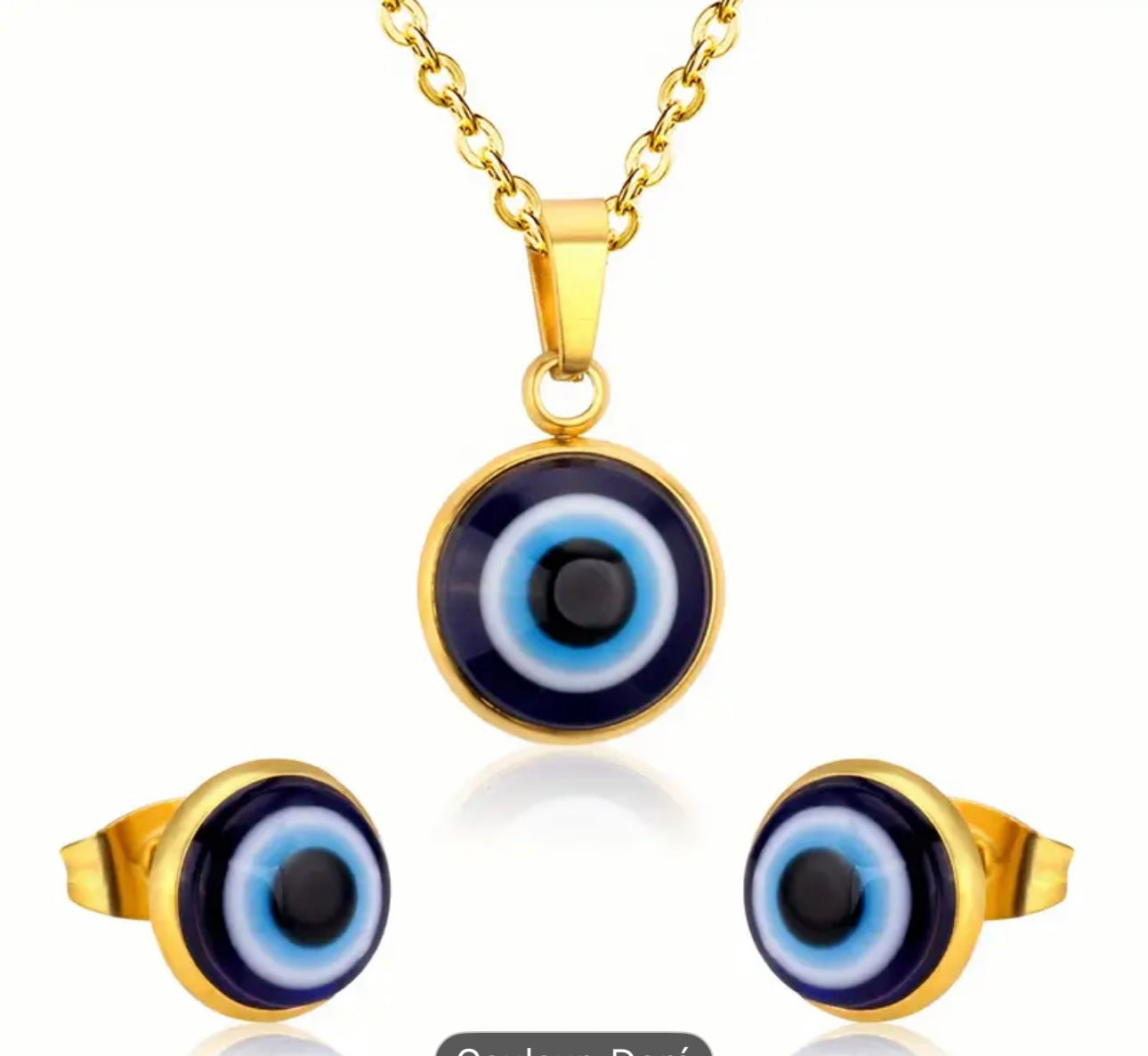 Set Dorado en Acero Inoxidable – Collar y Aretes Ojo Turco (3 piezas)