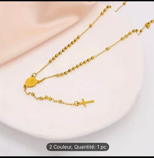 Collar Rosario Dorado en Acero Inoxidable – Plaqué Or 18K (Unisex)