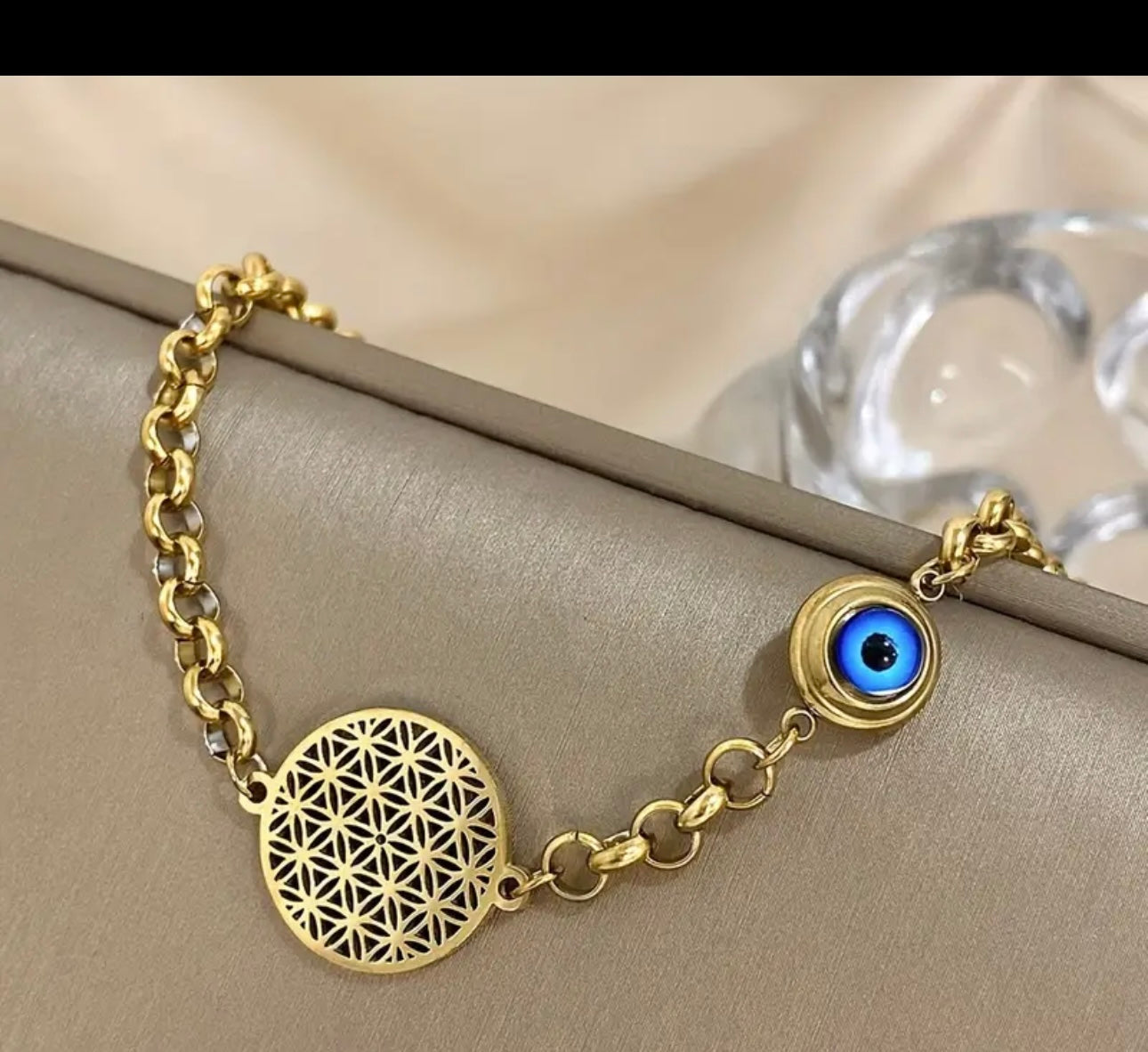 Pulsera Dorada en Acero Inoxidable – Ojo Turco & Flor de la Vida