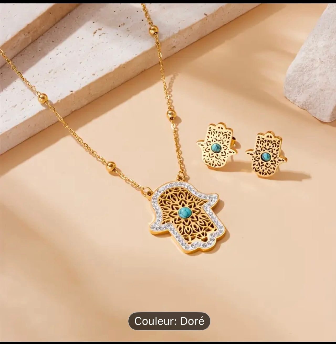Set Dorado en Acero Inoxidable – Collar y Aretes Mano de Fátima con Detalles Turquesa