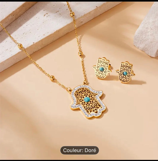 Set Dorado en Acero Inoxidable – Collar y Aretes Mano de Fátima con Detalles Turquesa