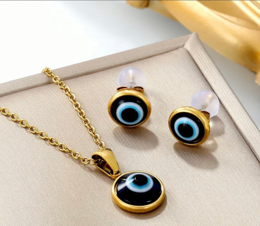 Set Dorado en Acero Inoxidable – Collar y Aretes Ojo Turco (3 piezas)