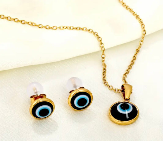 Set Dorado en Acero Inoxidable – Collar y Aretes Ojo Turco (3 piezas)