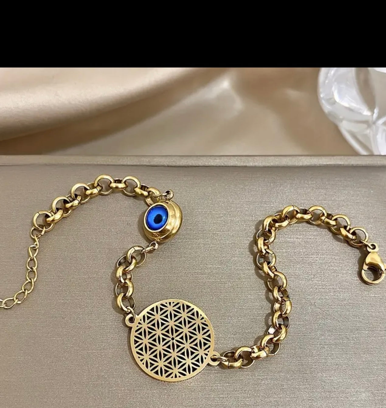Pulsera Dorada en Acero Inoxidable – Ojo Turco & Flor de la Vida